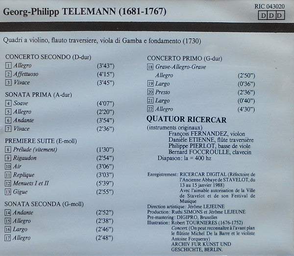 Georg Philipp Telemann, Quatuor Ricercar : Quadri A Violino, Flauto, Viola Di Gamba E Fondamento (CD)
