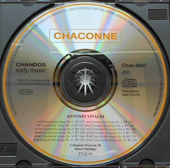 Vivaldi*, Collegium Musicum 90, Simon Standage : String Concertos, Volume 1 - The Paris Concertos (CD)