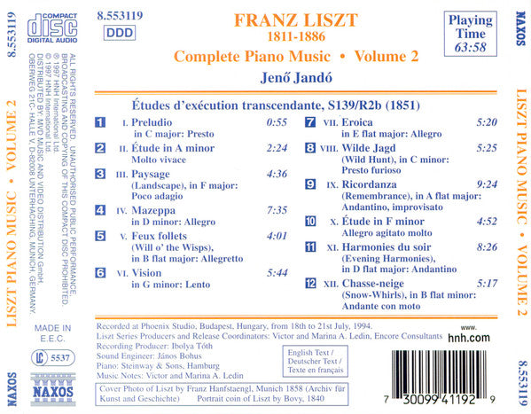 Franz Liszt - Jenő Jandó* : Complete Piano Music • Volume 2 - Etudes D&#39;Exécution Transcendante (Transcendental Studies) 1851 Version (CD, Album)