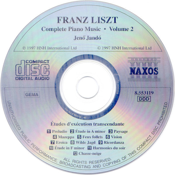 Franz Liszt - Jenő Jandó* : Complete Piano Music • Volume 2 - Etudes D&#39;Exécution Transcendante (Transcendental Studies) 1851 Version (CD, Album)