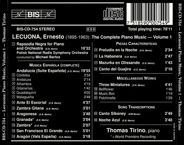 Ernesto Lecuona - Thomas Tirino, Polish National Radio Symphony Orchestra*, Michael Bartos : The Complete Piano Music Volume 1 Including Malagueña And Canto Siboney (CD, Album)
