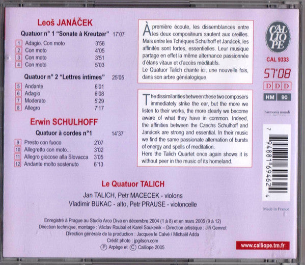 Janáček*, Schulhoff*, Talich Quartet : Quatuor à cordes n°1 « Sonate à Kreutzer », Quatuor à cordes n°2 « Lettres intimes »,  (CD, Album)