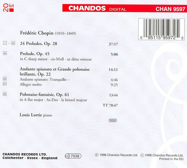Chopin* - Louis Lortie : 24 Preludes; Andante Spianato Et Grande Polonaise Brilliante; Polonaise-Fantaisie; Prelude In C Sharp Minor (CD, Album)