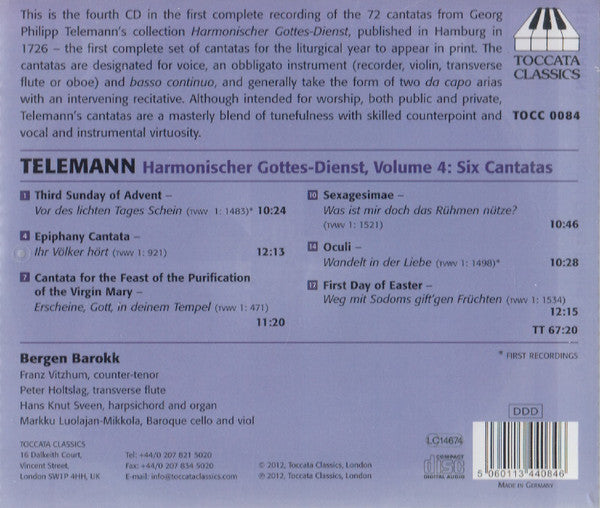 Georg Philipp Telemann, Bergen Barokk : Harmonischer Gottes-Dienst, Volume 4: The Cantatas For Middle Voice, Transverse Flute And Basso Continuo I (CD, Album)