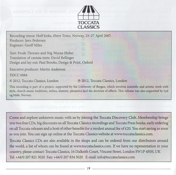 Georg Philipp Telemann, Bergen Barokk : Harmonischer Gottes-Dienst, Volume 4: The Cantatas For Middle Voice, Transverse Flute And Basso Continuo I (CD, Album)
