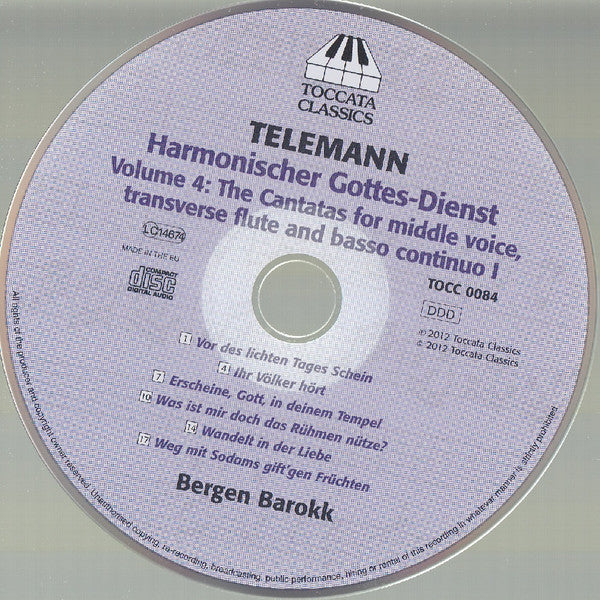 Georg Philipp Telemann, Bergen Barokk : Harmonischer Gottes-Dienst, Volume 4: The Cantatas For Middle Voice, Transverse Flute And Basso Continuo I (CD, Album)
