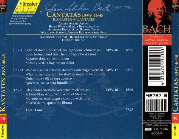 Johann Sebastian Bach - Bachcollegium Stuttgart, Helmuth Rilling : Cantatas BWV 46-48 (CD, RM)