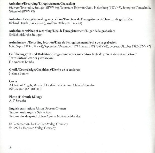 Johann Sebastian Bach - Bachcollegium Stuttgart, Helmuth Rilling : Cantatas BWV 46-48 (CD, RM)