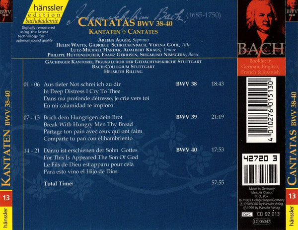 Johann Sebastian Bach : Cantatas BWV 38-40 (CD, RM)