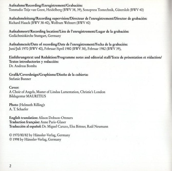 Johann Sebastian Bach : Cantatas BWV 38-40 (CD, RM)