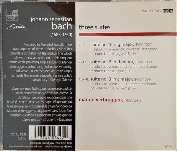 Bach*, Marion Verbruggen : Three Suites BWV 1007-1009 (CD)