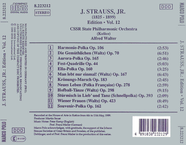 J. Strauss, Jr.*, CSSR State Philharmonic Orchestra (Košice)*, Alfred Walter : J. Strauss, Jr.:  Edition • Vol. 12 (CD, Album)