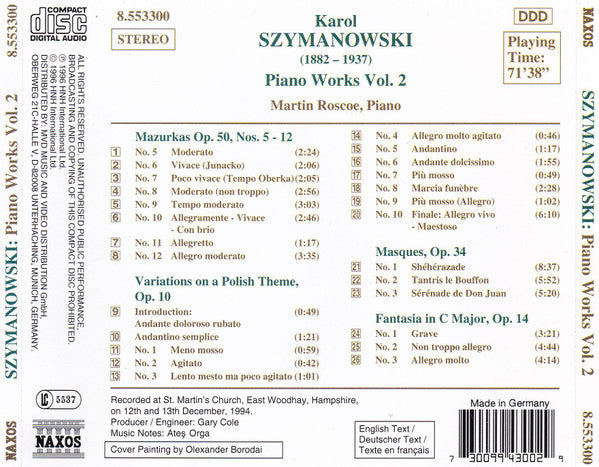 Karol Szymanowski - Martin Roscoe : Piano Works Vol. 2 (Mazurkas Op. 50, Nos. 5 - 12 • Variations On A Polish Theme, Op. 10 • Masques, Op. 34 • Fantasia In C Major, Op. 14) (CD, P+O)