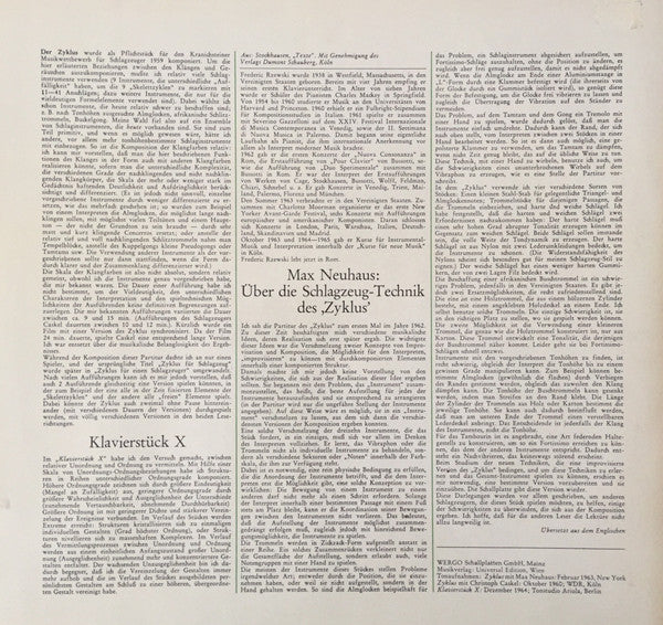 Karlheinz Stockhausen - Christoph Caskel / Max Neuhaus / Frederic Rzewski : Zyklus Für Einen Schlagzeuger In Zwei Verschiedenen Fassungen / Klavierstück X (LP, Album)