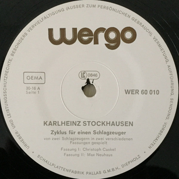 Karlheinz Stockhausen - Christoph Caskel / Max Neuhaus / Frederic Rzewski : Zyklus Für Einen Schlagzeuger In Zwei Verschiedenen Fassungen / Klavierstück X (LP, Album)