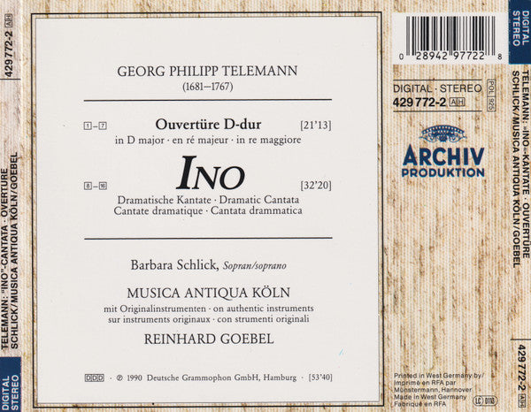 Telemann*, Barbara Schlick, Musica Antiqua Köln, Reinhard Goebel : Ino (CD, Album)