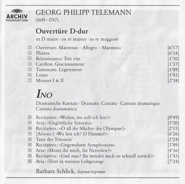 Telemann*, Barbara Schlick, Musica Antiqua Köln, Reinhard Goebel : Ino (CD, Album)