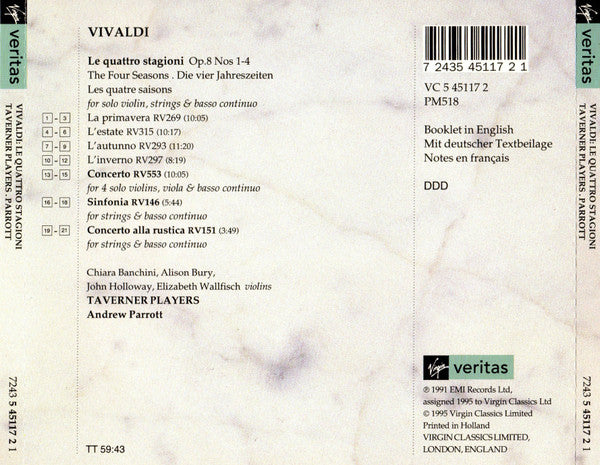 Vivaldi* - Taverner Players, Andrew Parrott : Le Quattro Stagioni (CD, Album)