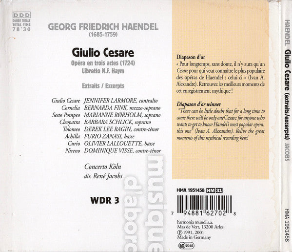 Georg Friedrich Händel / Jennifer Larmore, Barbara Schlick, Bernarda Fink, Concerto Köln, René Jacobs : Giulio Cesare (Extraits • Excerpts) (CD, Album, RE, RP, Arv)