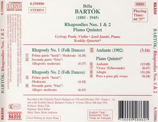 Béla Bartók, György Pauk, Jenő Jandó*, Kodály Quartet : Rhapsodies Nos. 1 &amp; 2 / Piano Quintet (CD, Album)