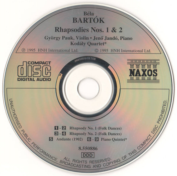 Béla Bartók, György Pauk, Jenő Jandó*, Kodály Quartet : Rhapsodies Nos. 1 &amp; 2 / Piano Quintet (CD, Album)