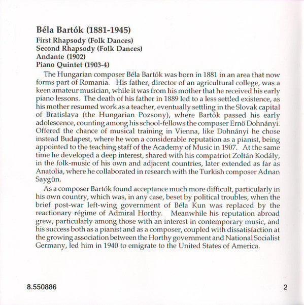 Béla Bartók, György Pauk, Jenő Jandó*, Kodály Quartet : Rhapsodies Nos. 1 &amp; 2 / Piano Quintet (CD, Album)