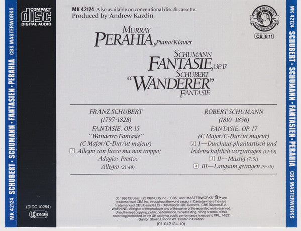 Murray Perahia, Schumann* / Schubert* : Fantasie, Op.17 / &quot;Wanderer&quot; Fantasie (CD, RP)