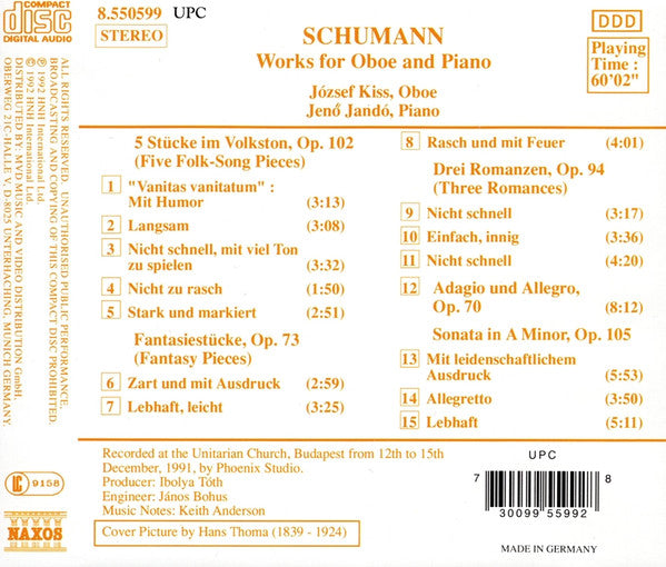 Schumann*, József Kiss, Jenö Jandó : Works For Oboe And Piano (CD, Album)