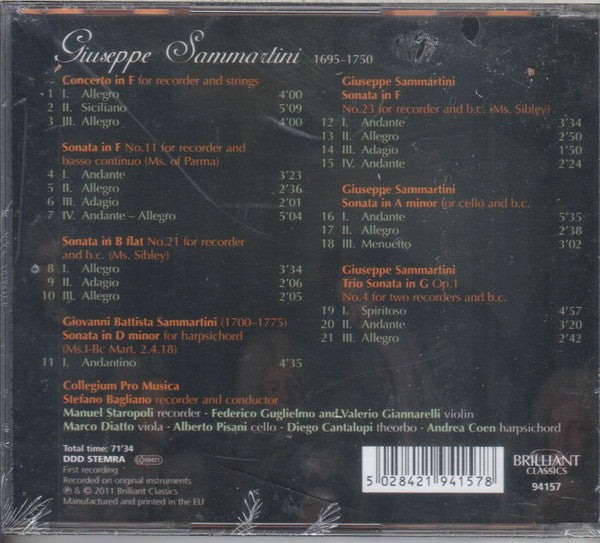 Giovanni Sammartini, Stefano Bagliano, Collegium Pro Musica : Sammartini: Recorder Concerto &amp; Sonatas (CD)