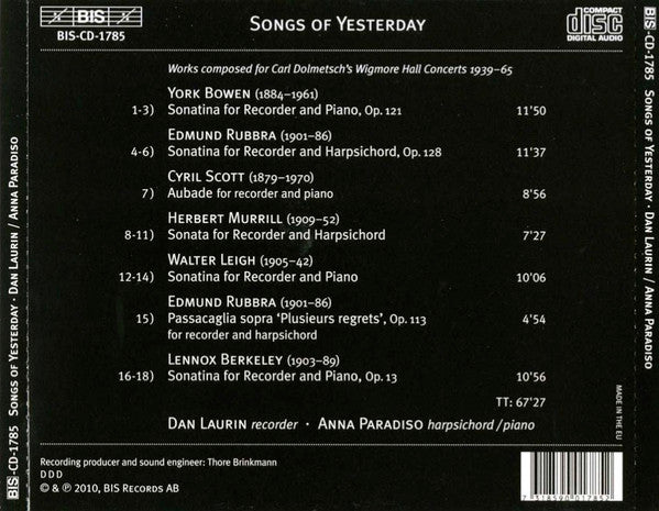 Dan Laurin, Anna Paradiso : Songs Of Yesterday (CD)
