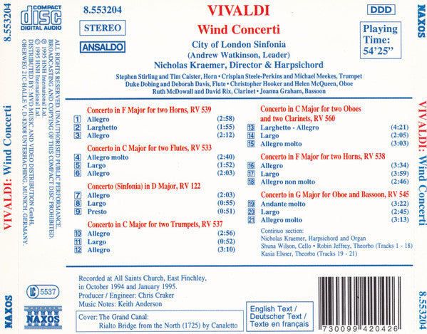 Vivaldi* - City Of London Sinfonia, Nicholas Kraemer : Wind Concerti RV 122, 533, 537, 538, 539, 545 &amp; 560 (CD, Album)