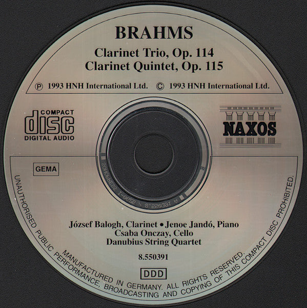 Brahms* - József Balogh (2), Jenoe Jandó*, Csaba Onczay, Danubius String Quartet : Clarinet Trio, Op. 114 / Clarinet Quintet, Op. 115 (CD, Album)