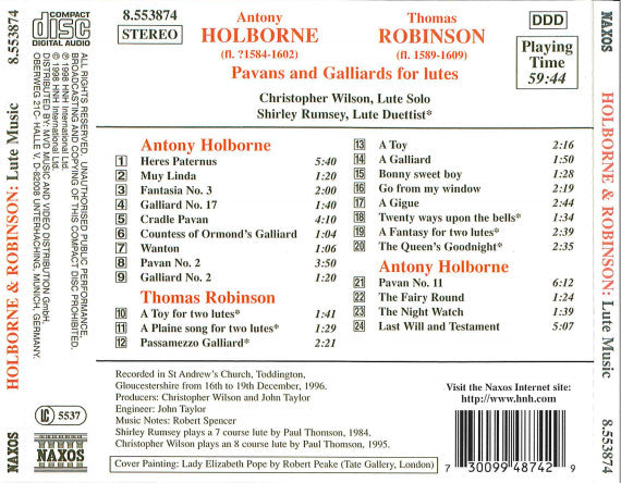 Antony Holborne*, Thomas Robinson, Christopher Wilson (2), Shirley Rumsey : Pavans And Galliards (CD, Album)