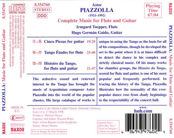 Piazzolla* - Irmgard Toepper, Hugo Germán Gaido : Complete Music For Flute And Guitar (CD)