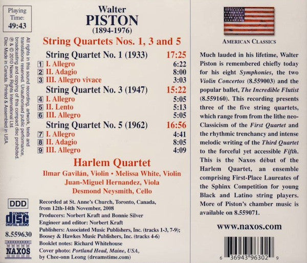 Walter Piston, Harlem Quartet, Ilmar Gavilán, Melissa White (2), Juan-Miguel Hernandez*, Desmond Neysmith : String Quartets Nos. 1, 3 And 5 (CD, Album)