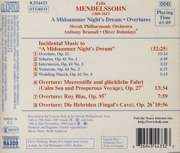 Mendelssohn*, Slovak Philharmonic Orchestra, Anthony Bramall • Oliver Dohnányi* : A Midsummer Night&#39;s Dream (Overtures: Ruy Blas • Hebrides • Calm Sea And Prosperous Voyage) (CD, Album)
