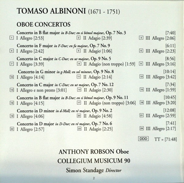 Albinoni*, Simon Standage, Collegium Musicum 90, Anthony Robson : Complete Oboe Concertos (CD, Album)