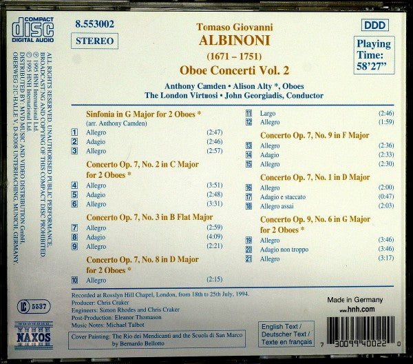 Albinoni*, Anthony Camden, Alison Alty, The London Virtuosi, John Georgiadis : Oboe Concerti Vol. 2 (CD, Album)