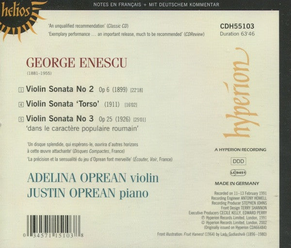 Enescu*, Adelina Oprean, Justin Oprean : Violin Sonatas (CD, Album, RE)