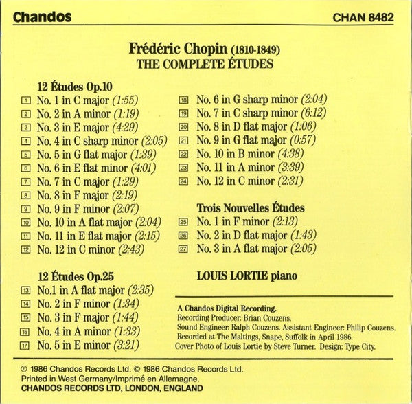 Chopin* - Louis Lortie : The Complete Etudes - Op.10, Op.25, Trois Nouvelles Etudes (CD, Album)