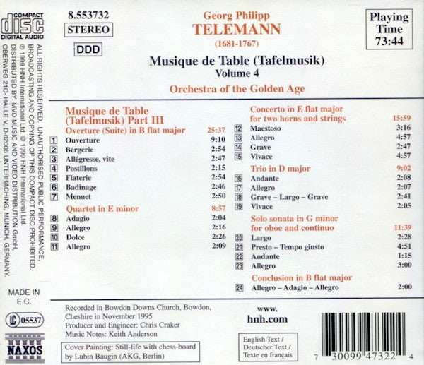 Telemann*, Orchestra Of The Golden Age : Musique De Table (Tafelmusik) Volume 4 (CD, Album)