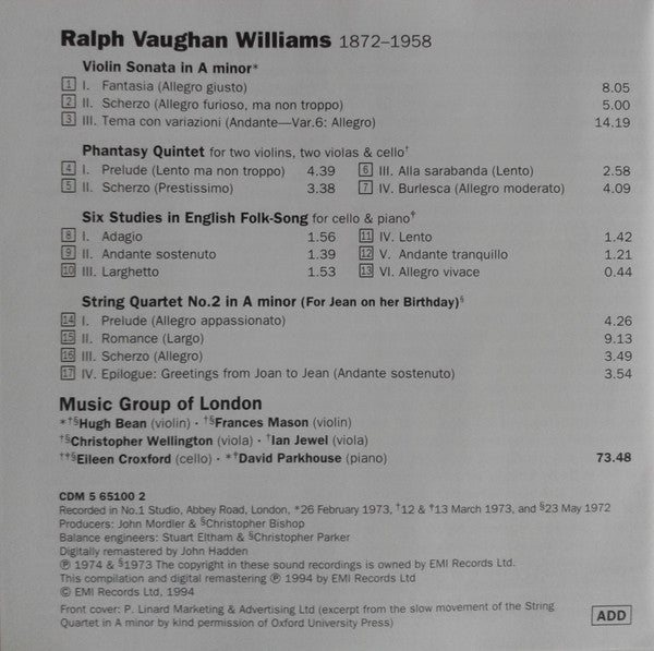 Vaughan Williams* / Music Group Of London* / Hugh Bean : Chamber Music (For Jean On Her Birthday) (CD, Album, RM)