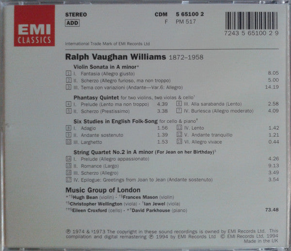 Vaughan Williams* / Music Group Of London* / Hugh Bean : Chamber Music (For Jean On Her Birthday) (CD, Album, RM)