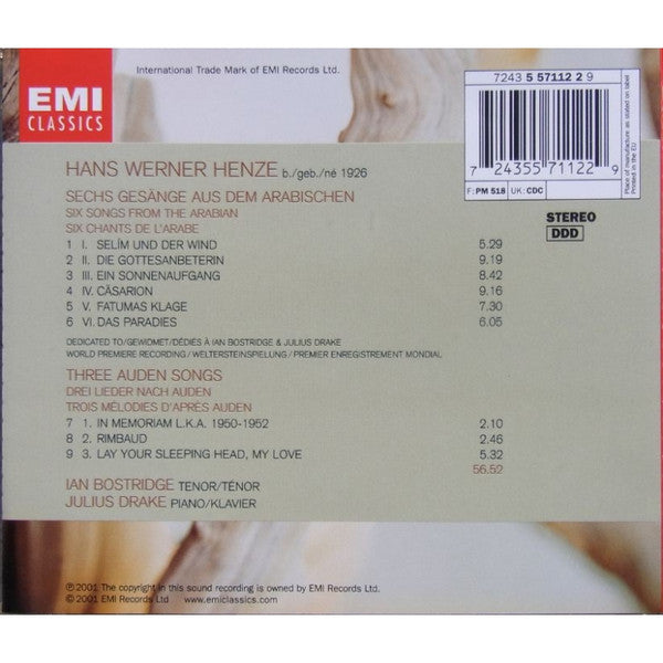 Hans Werner Henze - Ian Bostridge, Julius Drake : Sechs Gesänge Aus Dem Arabischen / Three Auden Songs (CD, Album)