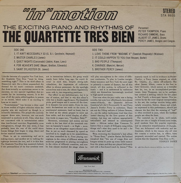 Quartette Trés Bien : &quot;In Motion&quot; The Exciting Piano And Rhythms (LP, Album)