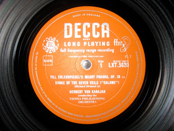 Richard Strauss, Herbert Von Karajan, Vienna Philharmonic Orchestra* : Till Eulenspiegel&#39;s Merry Pranks / Dance Of The Seven Veils / Tod Und Verklärung (LP, Mono)