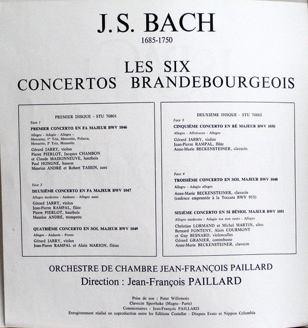 J.S. Bach*, M. André*, G. Jarry*, P. Pierlot*, J.P. Rampal*, Orchestre De Chambre J.F. Paillard* : J.S. Bach - Les Six Concertos Brandebourgeois (2xLP)