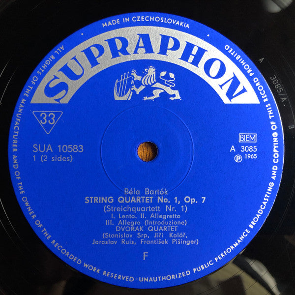 Dvořák Quartet, Béla Bartók, Darius Milhaud : String Quartet No. 1 / String Quartet No. 7 (LP, Mono)