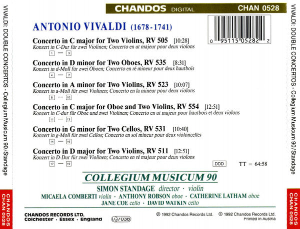 Vivaldi* - Collegium Musicum 90 / Simon Standage : Double Concertos (CD, Album)