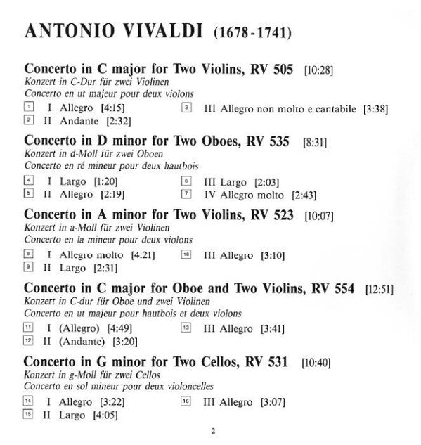 Vivaldi* - Collegium Musicum 90 / Simon Standage : Double Concertos (CD, Album)